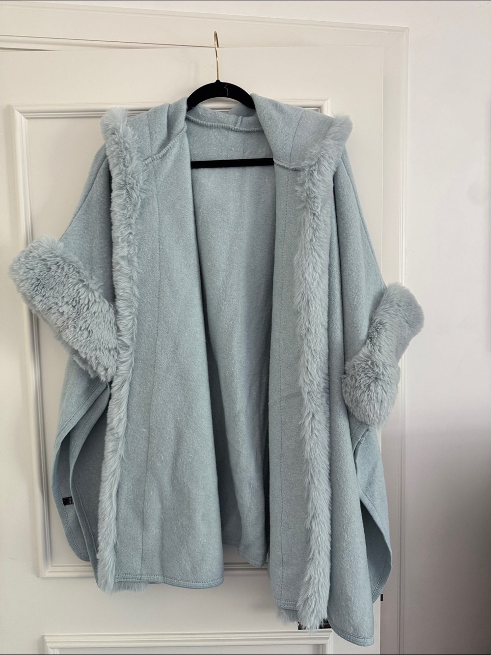 Light Blue Faux Fur-Trim Hooded Wrap Cape Jacket